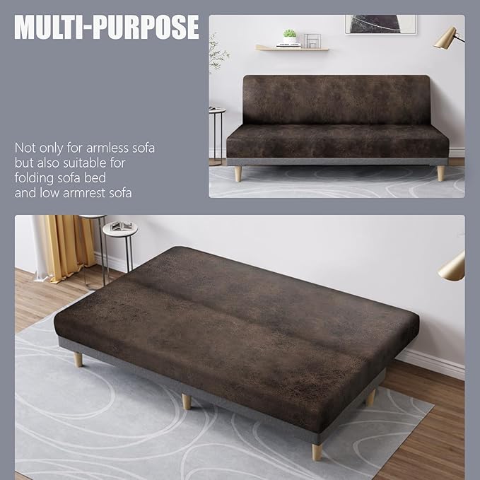 molasofa Leather Like Stretch Futon Slipcover Armless Futon Bed Sofa Cover Furniture Protector with Elastic Bottom, Soft and Washable Futon Cover for Sofa Bed Stay in Place（Medium，Dark Brown）