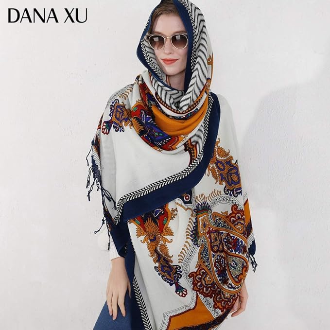 DANA XU 100% Merino Wool Extra Large Pashmina Blanket Travel Scarf Cashmere Wrap for Women Fall Winter Oversize Shawl Floral
