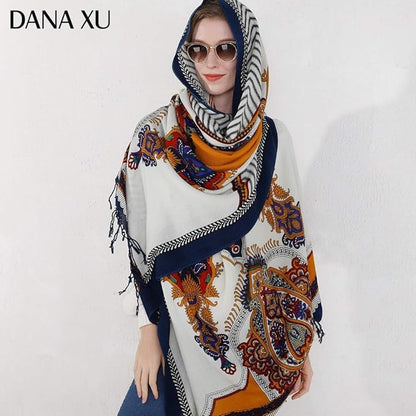 DANA XU 100% Merino Wool Extra Large Pashmina Blanket Travel Scarf Cashmere Wrap for Women Fall Winter Oversize Shawl Floral