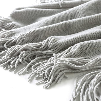 Homiest Decorative Knitted Throw Blanket with Fringe - Lightweight Acrylic Knit Blanket Soft & Cozy Tassel Blanket for Couch Sofa Bed - Light Grey, 60 x 80 Inch