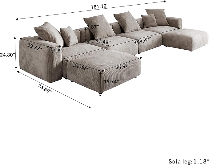 JACH 181" Oversized Modular Sectional Sofa, U-Shaped Deep 4-Seats Sectional Couch with Chaise Ottomans, Huge Plus Convertible Sofas, Corduroy Minimalist Couches for Living Room, Light Brown