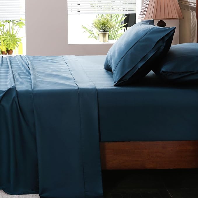 Extra Deep Pocket Queen Sheets 18-24 Inch 100% Egyptian Cotton 1000 Thread Count Sateen Weave Soft Breathable 4 Pieces（Queen,Navy）