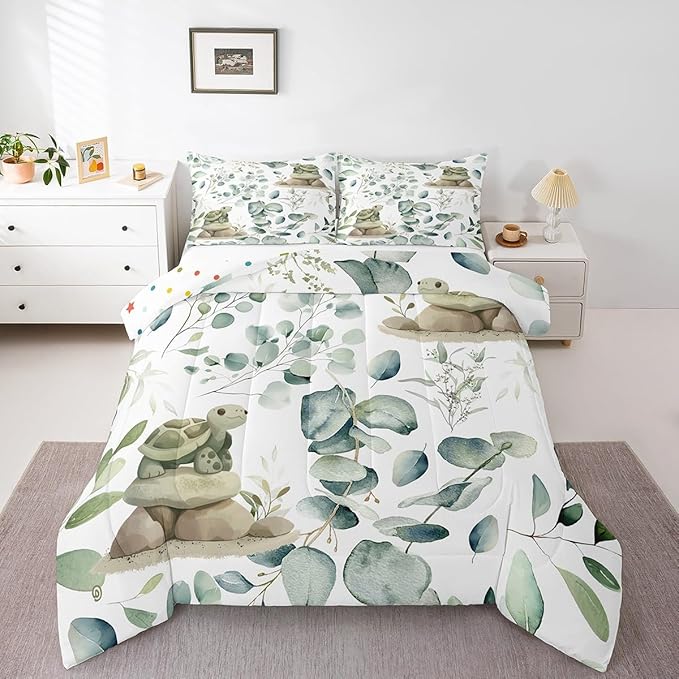Erosebridal Kawaii Turtle Queen Size Comforter Set for Boys Girls Cartoon Animal Bedding Set, Eucalyptus Leaves Down Comforter Marine Wildlife Bed Set, Tropical Botanical Plants Quilted Duvet