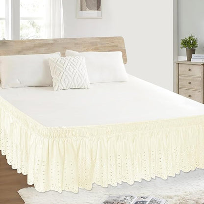 Full Bed Skirt, Wrap-Around Elastic Ruffled Eyelet Bed Skirt Full Size Dust Ruffle with Gathered Styling and Embroidered Details, 18" Drop Length (Light Yellow)