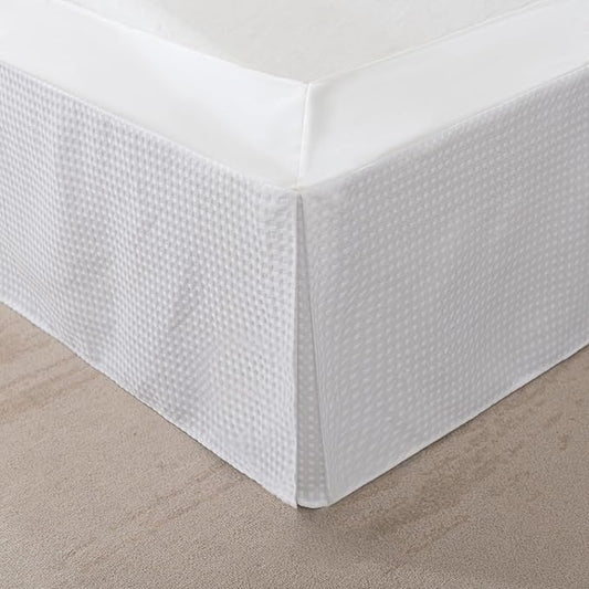King Bed Skirt, Wrap Around Bed Skirt with Pleated Corner, 18 Inch Drop Pleated Waffle Weave Bedskirts, Anti-Slip, Microfiber, White, 18'' King