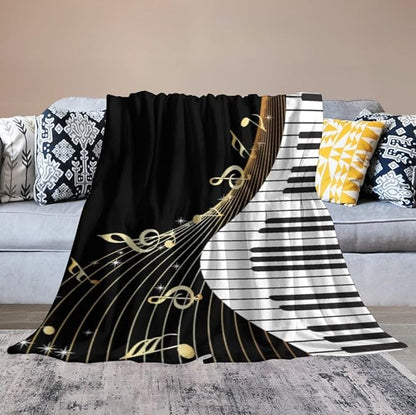 Music Note Blanket Black White Piano Keys Gold Music Note Soft Cozy Lightweight Throw Blanket for Kids Girls Boys Bedroom Living Room Dorm Chair Sofa Travel 50x60in