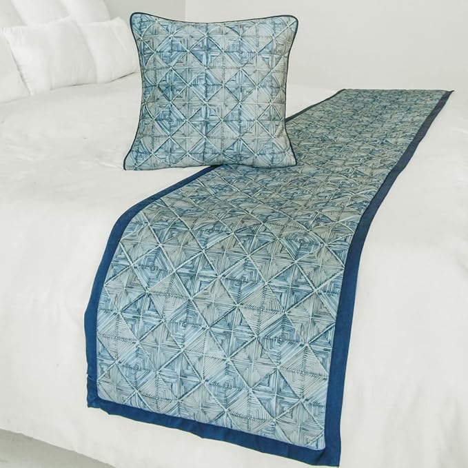 The HomeCentric King/Queen/Twin Blue Decorative CA King 86"x18" Bed Runner Without Pillow Cover, Indigo, Printed & Quilted Bed Scarf on Suede Fabric - Indigo Centric