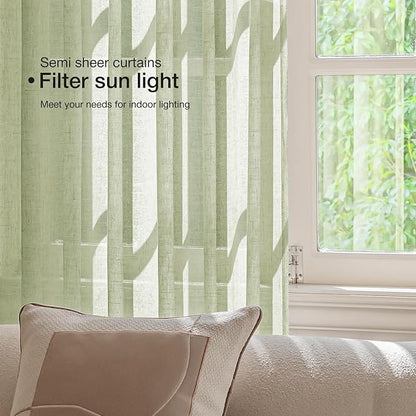 Anmao Natural Linen Curtains for Living Room 108 Inch Length 2 Panels Set, Light Filtering Semi Sheer Window Curtain Drapes for Bedroom with Curtain Rings and Clips, 52 Inch Wide Each Panel, Sage