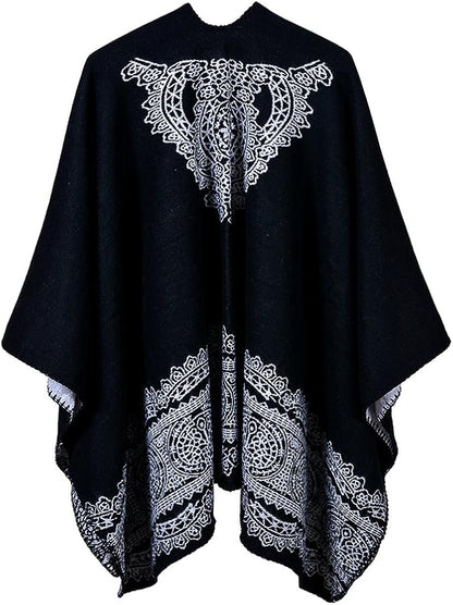 Women's Vintage Pattern Open Front Poncho Cape Shawl Winter Shawl Wraps