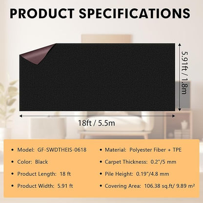 Marine Carpet - 6 FT x 18 FT Black Indoor/Outdoor Carpet, 0.2" Thick, Water-Proof TPE Backing, Non-Slide for Home, Patio, Porch, Deck