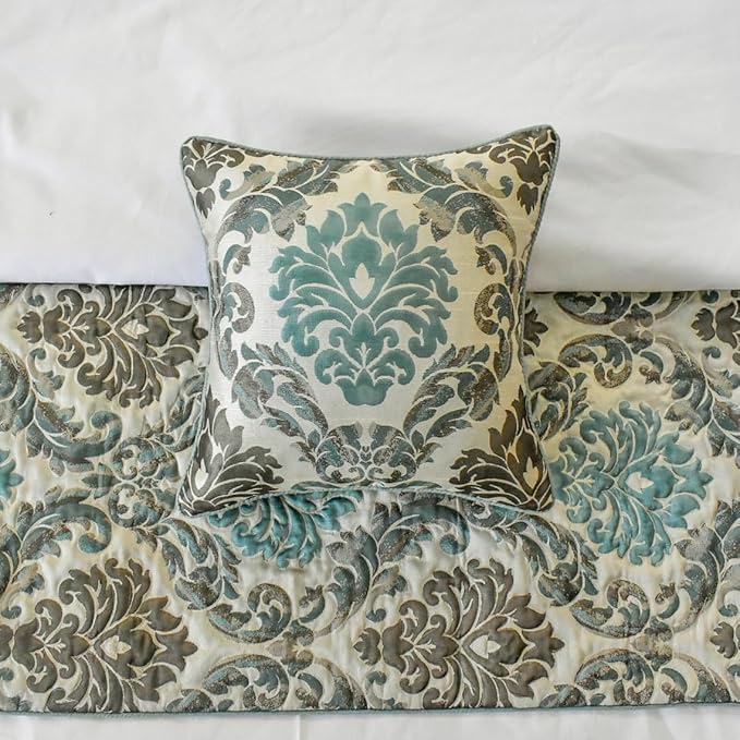 The HomeCentric King/Queen/Twin Blue Decorative Full 68"x18" Bed Runner with Pillow Cover, Damask Bed Scarf on Jacquard Fabric - Royal Elegance