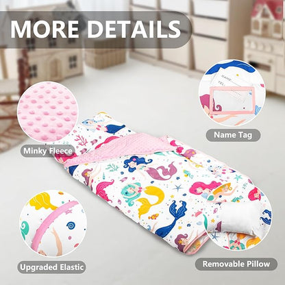 Primlect Thickened Toddler Nap Mat with Removable Pillow and Minky Blanket, Extra Large 55''x35'' Sleeping Bag, Washable, Roll up, Perfect for Daycare, Preschool, Kindergarten, Boys and Girls Mermaid