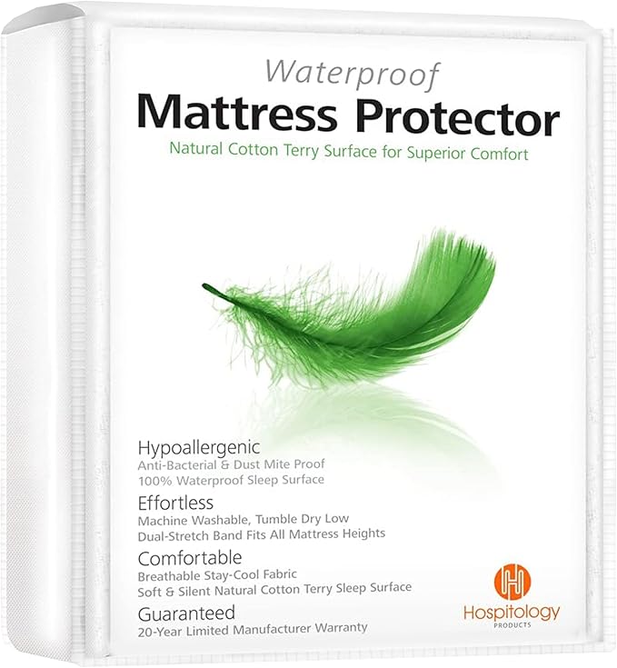 HOSPITOLOGY PRODUCTS FullXL Mattress Protector Hypoallergenic Natural Cotton - Waterproof - Fitted Cover - Machine Washable - 54" W x 80" L
