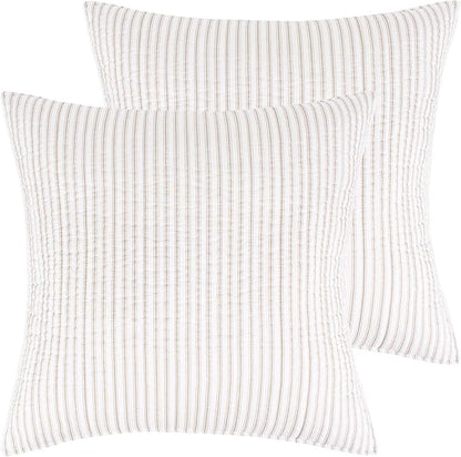 Levtex Home - Tobago Stripe Taupe - Quilted Taupe and White Shams Set of Two (26x26in.), No Insert - Pin Stripe - Cotton Fabric