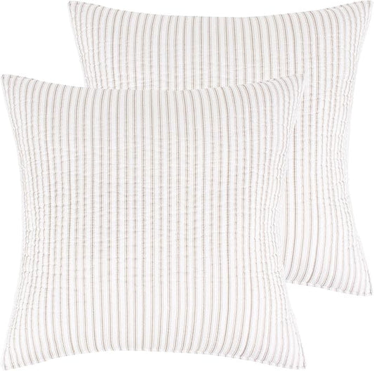 Levtex Home - Tobago Stripe Taupe - Quilted Taupe and White Shams Set of Two (26x26in.), No Insert - Pin Stripe - Cotton Fabric