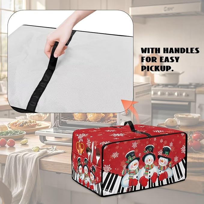 Christmas Air Fryer Toaster Oven Cover with Side Pockets, Holiday Festival Decor Electrical Appliance Cover Kitchen Countertop Accessories and Decor, L, Snowman Piano Keys Snowflake Red