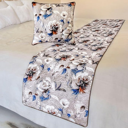 The HomeCentric King/Queen/Twin Ivory Decorative Queen 74"x18" Bed Runner with One Pillow Cover, Floral, Quilted Bed Scarf on Satin Fabric - Floral Harmony