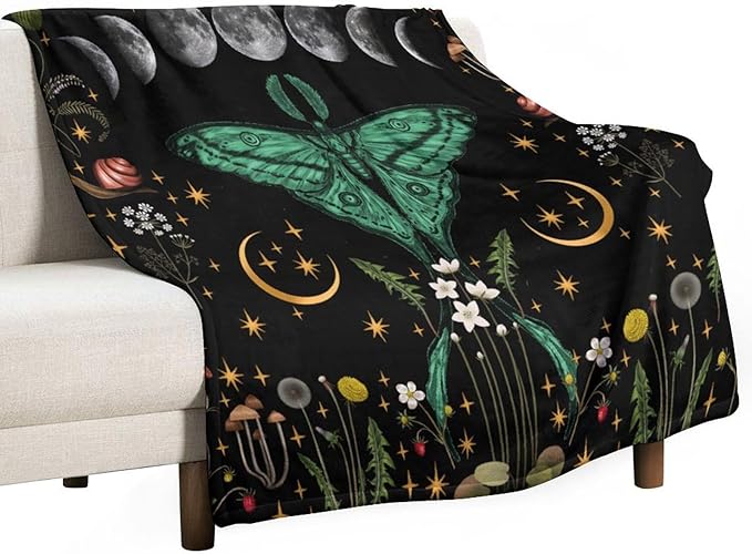 Moon Phase Moth Blanket, Vintage Botanical Mushroom Wildflower Gothic Night Moonlit Mysterious Witchy Throws Blanket for Sofa Bed Couch Chair, 30"x40"