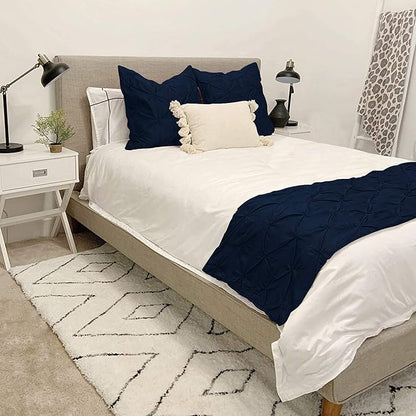 Bed Runner Set - 100% Pure Cotton 800 Thread Count - Luxury 1 Pinch Pleated Bed Runner and 2 Pillow Cover - 3 Piece Pinch Pleated Bed Runner Set Twin, Navy Blue