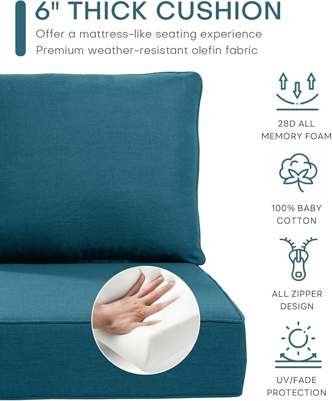 Luxury 24x24x6 Inch Patio Chair Cushions Set of 3 - Memory Foam Deep Seat Water-Resistant Patio Cushion for Lawn Dining Rocking Swivel Chairs Loveseat 3-Seater Sectional Sofa - Peacock Blue