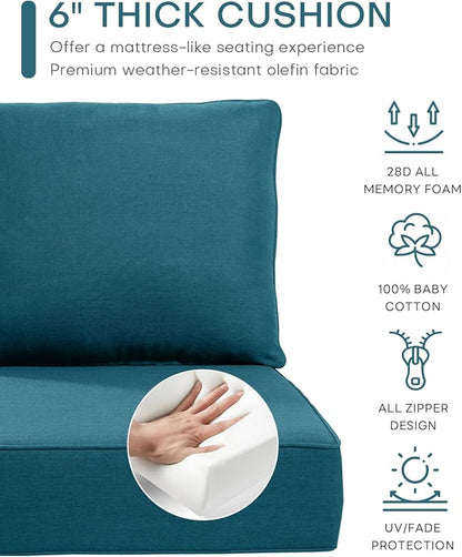 Luxury 22x24/22x25 6-Inch Outdoor Chair Cushions Set of 4 - Heavy Duty Water-Resistant Comfortable Cushion for Patio Furniture Set Dining Rocking Chairs Loveseat L-Shape Sofa - Peacock Blue