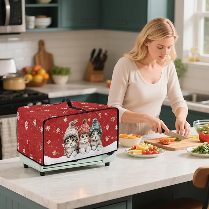 Toaster Oven Cover Dustproof Protective Countertop Convection Oven Cover with Side Pockets for Christmas Holiday Decorations, L, 18.5 x 22.5 x 13 Inches, Cat Snowflake Red
