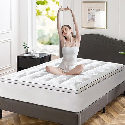 ABENE Mattress Topper for Back Pain Relief, Extra Thick Mattress Pad Pillowtop, Soft Cotton Cover with 8"-21" Deep Pocket, 1300gsm Overfilled Down Alternative Filling (Cotton White, King)