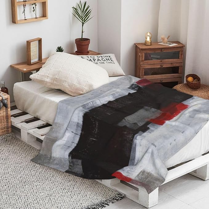 LOKMU Throw Blanket, Red Grey Abstract Art Painting Ultra-Soft Cozy Flannel Blankets, Fuzzy Plush Lightweight Modern Blanket for Couch Sofa Bedding Home Decor, 60" L x 50" W