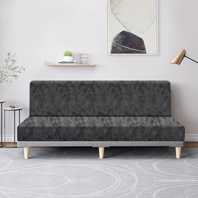 molasofa Leather Like Stretch Futon Slipcover Armless Futon Bed Sofa Cover Furniture Protector with Elastic Bottom, Soft and Washable Futon Cover for Sofa Bed Stay in Place（Larger，Light Grey）