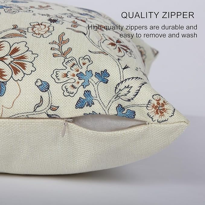Vintage Flroal Pillow Cover 18x 18 Set of 2, Chinoiserie Blooming Blue Flower Decorative Linen Pillow Cushion Case,Vintage Home Decor for Outdoor Couch Bedroom Car