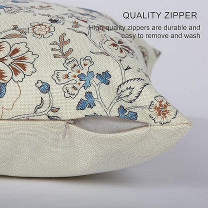 Vintage Flroal Pillow Cover 18x 18 Set of 2, Chinoiserie Blooming Blue Flower Decorative Linen Pillow Cushion Case,Vintage Home Decor for Outdoor Couch Bedroom Car