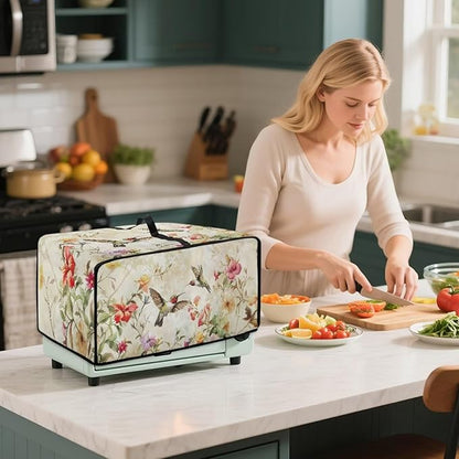 Convection Toaster Oven Cover Decorative Dustproof Convection Microwave Oven Cover with Storage Pockets for Kitchen Countertop, S, 14.5 x 18.5 x 9 Inches, Retro Hummingbird Floral