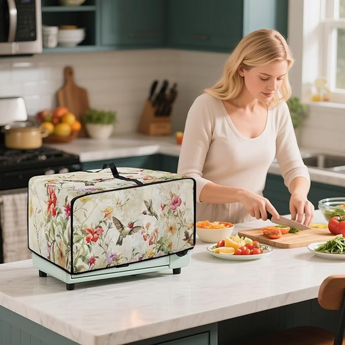 Convection Toaster Oven Cover Decorative Dustproof Convection Microwave Oven Cover with Storage Pockets for Kitchen Countertop, M, 16.5 x 20.5 x 10 Inches, Retro Hummingbird Floral