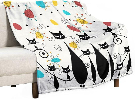 Mid Century Modern Throw Blanket, Atomic Black Cat Starbursts Iconic Sputnik Retro Abstract Geometric 1950s 1960s Throw for Adults Kids Pet, Beige Black 50"x60"