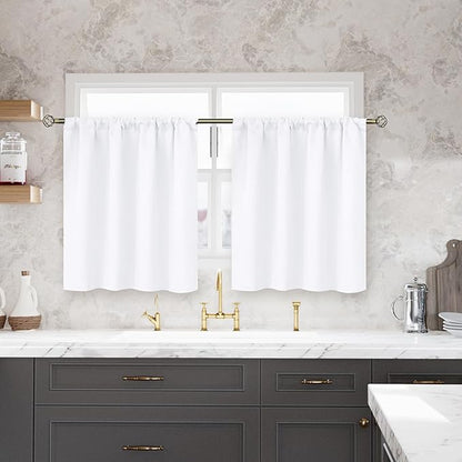 BGment Short White Kitchen Curtains 30 Inch Length - Cafe Drapes with Rod Pocket Privacy Protection for Bathroom Basement Windows Over Sink, 2 Panels, 42 x 30 Inch