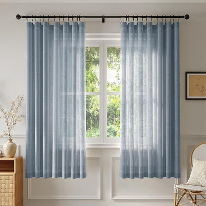 Anmao Natural Linen Curtains for Living Room 63 Inch Length 2 Panels Set, Light Filtering Semi Sheer Window Curtain Drapes for Bedroom with Curtain Rings and Clips, 52 Inch Wide Each Panel, Haze Blue
