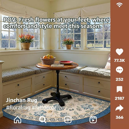 jinchan Elora Floral Corner Rug for Living Room Washable Bedroom Rug Vintage Romance Design Non Slip Quarter Circle Lightweight Low-Pile Throw Carpet for Reading Nook Playroom, 7ft Radius, Blue/Beige