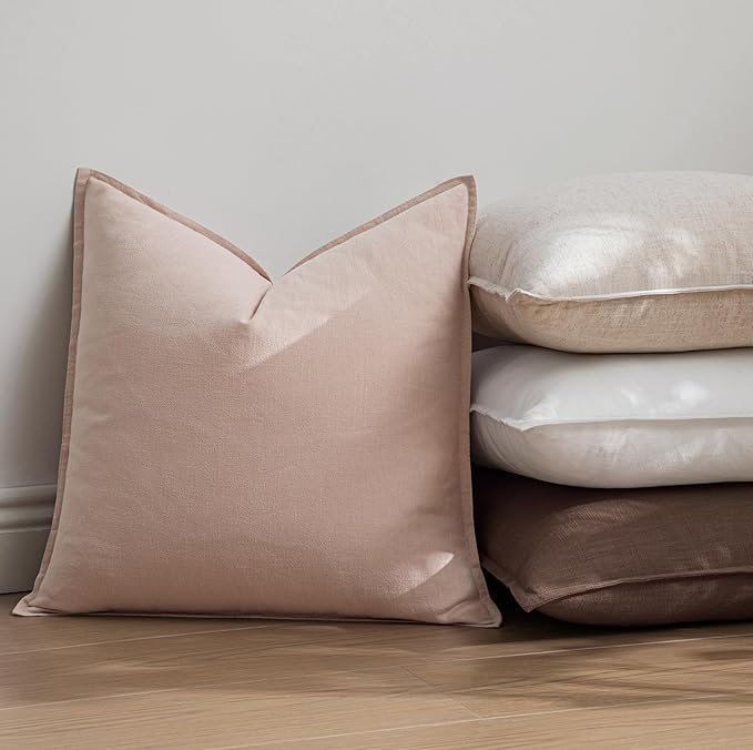 EMEMA Throw Pillow Covers Decorative Linen Pillow Covers 24x24 Inch Pink Boho Farmhouse Neutral Couch Throw Pillows for Bed Pack of 2 Accent Pillowcase Modern Sofa Cushion Livingroom Home