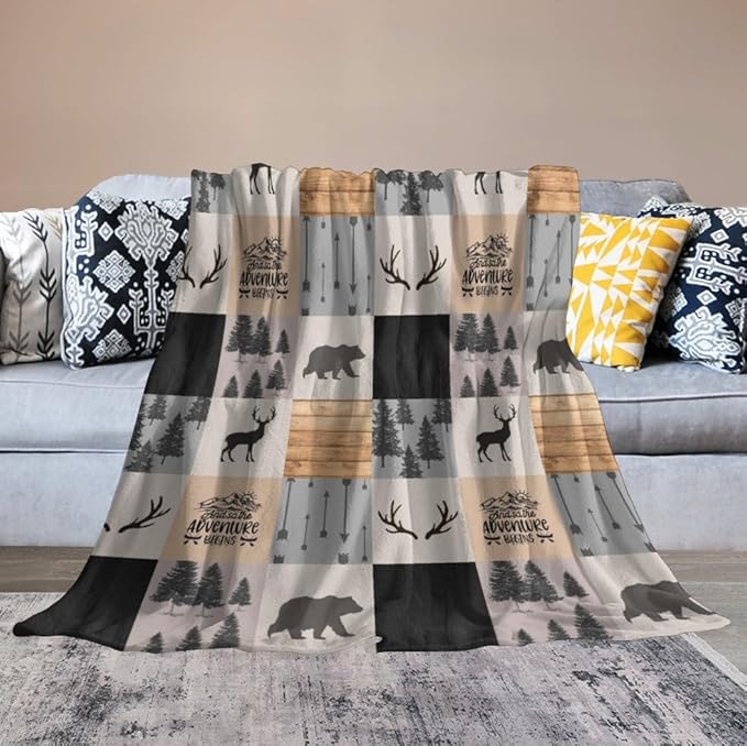 Rustic Cabin Throw Blanket, Retro Camping Bear Deer Farmhouse Wildlife Tree Forest Brown Gray Print Warm Flannel Blanket for Bedroom Camping Travel, 40"x50"