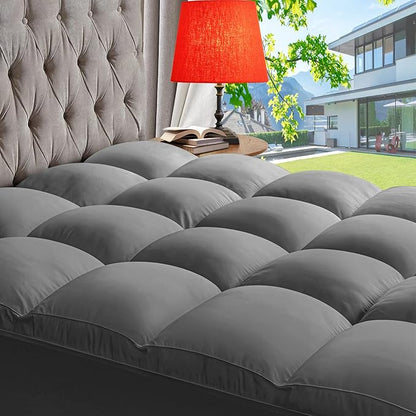 ABENE Mattress Topper for Back Pain Relief, Extra Thick Mattress Pad Pillowtop, Soft Mattress Protector Cover with 8"-21" Deep Pocket, Overfilled Down Alternative Filling (Gray, Short Queen)