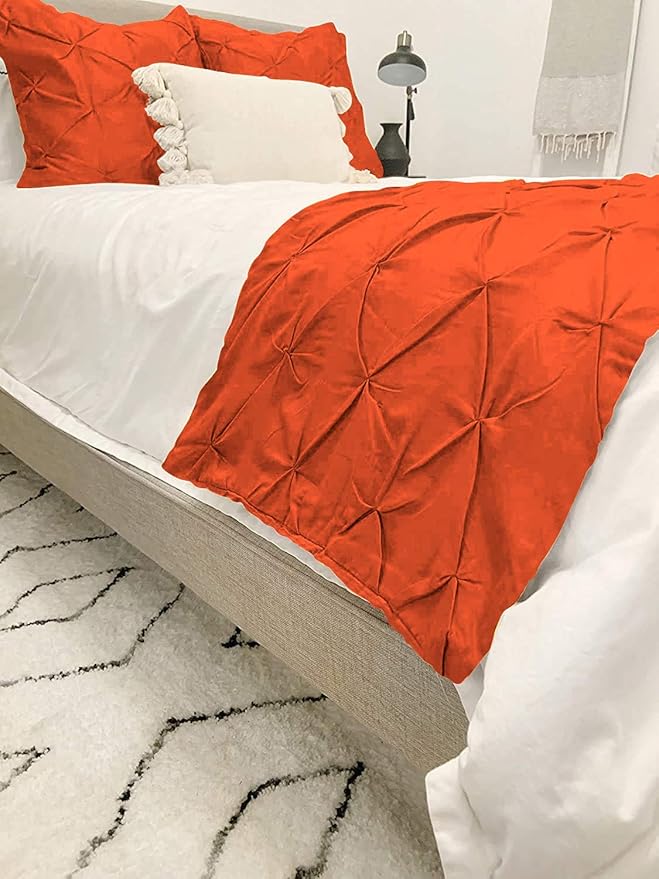Bed Runner Set - 100% Pure Cotton 800 Thread Count - Luxury 1 Pinch Pleated Bed Runner and 2 Pillow Cover - 3 Piece Pinch Pleated Bed Runner Set Queen, Orange