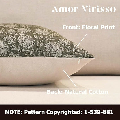 Amor Virisso Floral Pillow Covers 24x24 Throw Pillow Covers Vintage Block Print Pillow Cover Neutral Couch Pillows for Living Room Farmhouse Decorative Accent Sofa Pillows, Dusty Green