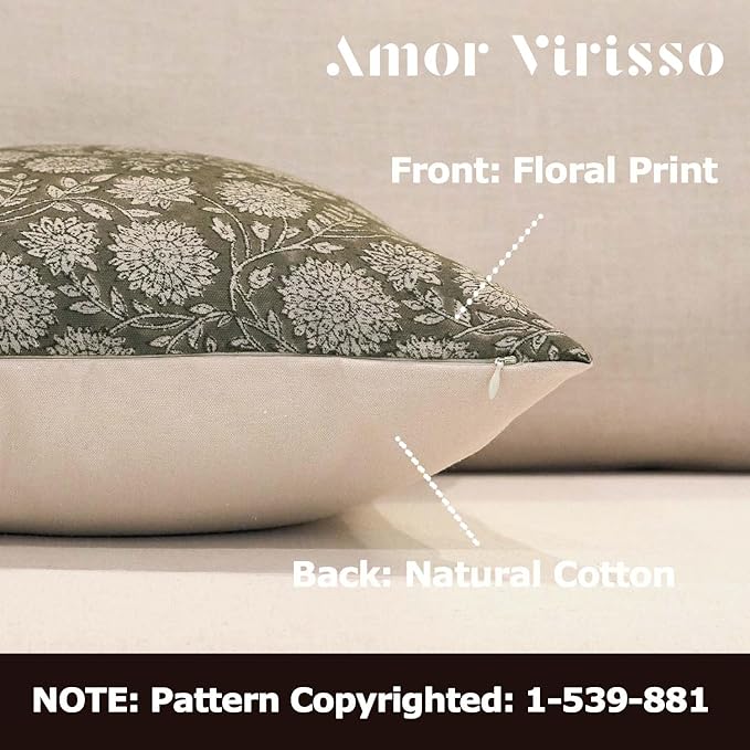 Amor Virisso Floral Pillow Covers 20x20 Throw Pillow Covers Vintage Block Print Pillow Cover Neutral Couch Pillows for Living Room Farmhouse Decorative Accent Sofa Pillows, Dusty Green