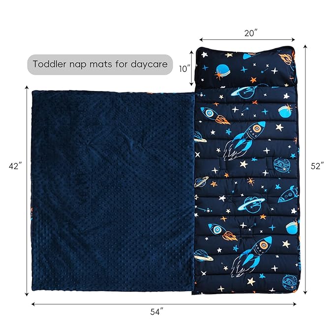 david's kids Minky Toddler Nap Mat with Removable Pillow and Minky Fleece Blanket, Soft Slumber Bags for Boys, Perfect for Preschool, Daycare, Kids Sleeping Bags with Rollup Design, 50"x20", Space