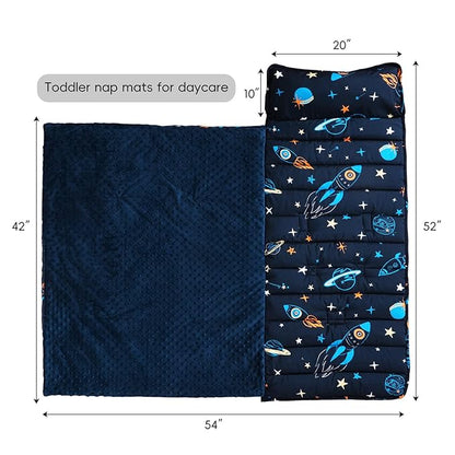 david's kids Minky Toddler Nap Mat with Removable Pillow and Minky Fleece Blanket, Soft Slumber Bags for Boys, Perfect for Preschool, Daycare, Kids Sleeping Bags with Rollup Design, 50"x20", Space