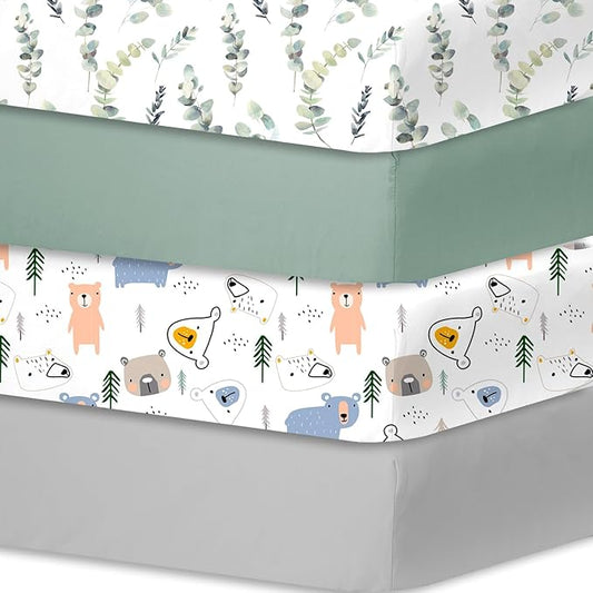 Bimocosy Crib Sheets 4 Pack, Baby Crib Sheets Fitted for Boys and Girls Breathable & Snug Fit, Soft Toddler Bed Sheets for Standard Crib Mattress Nursery Daycare Essentials, Bear Cub