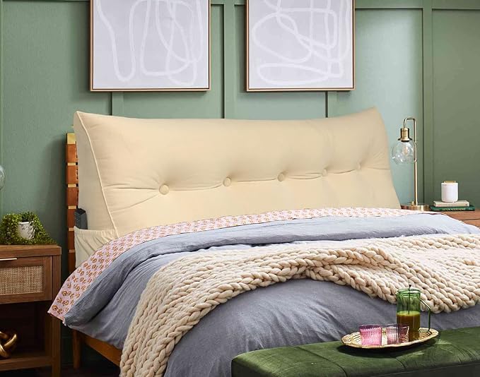 Triangular Reading Bed Rest Pillow Large Bolster Cushion Headboard Backrest Wedge Pillow with Removable Cover and Two Large Side Pockets (Beige, California King: 71 x 8 x 20 inches)