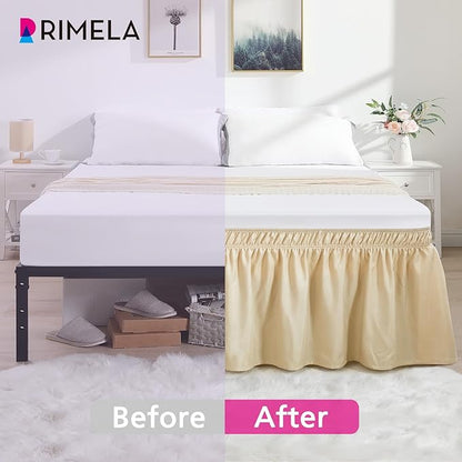 RIMELA Oatmeal Bed Skirt King Size 15 Inch Drop, Elastic Bed Skirting for Bed Base and Frame, Bedding Dust Ruffle Easy to Install, Lightweight Wrap Around Adjustable Bedskirt