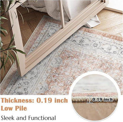 jinchan Floral 3x5 Area Rugs for Entryway - Orange Vintage Distressed Design Doormat Non-Slip Ultra-Thin Low Pile Boho Rug for Kitchen Living Room Bedroom Farmhouse (3‘x5', Orange)