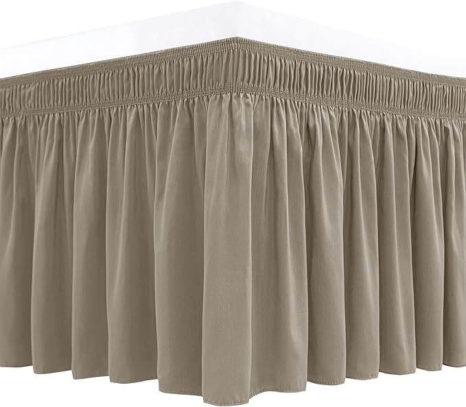 Biscaynebay Wrap Around Bed Skirts for Queen Beds Short Drop of 12", Taupe Adjustable Elastic Dust Ruffles Easy Fit Wrinkle Resistant Silky Luxurious Fabric Machine Washable